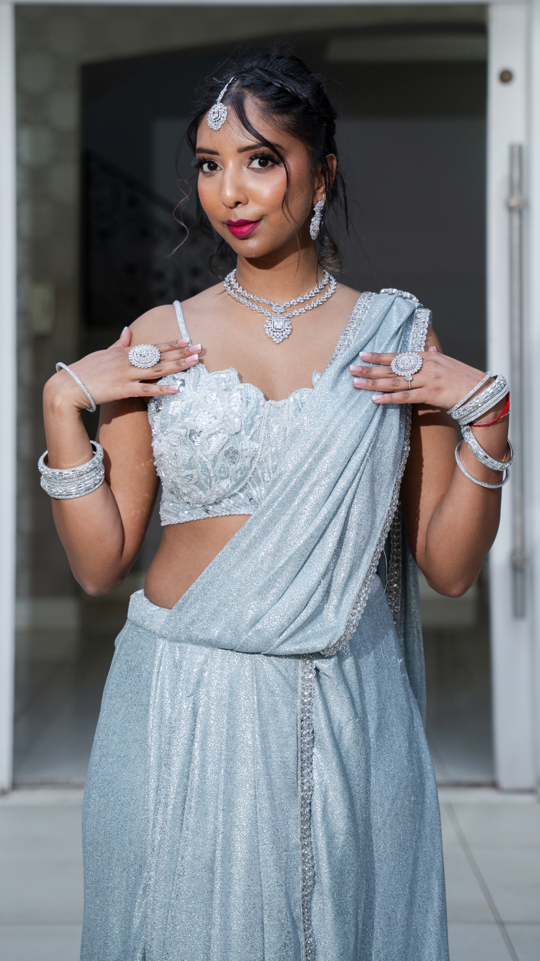 Shimmer Sky Blue Draped Sari Set