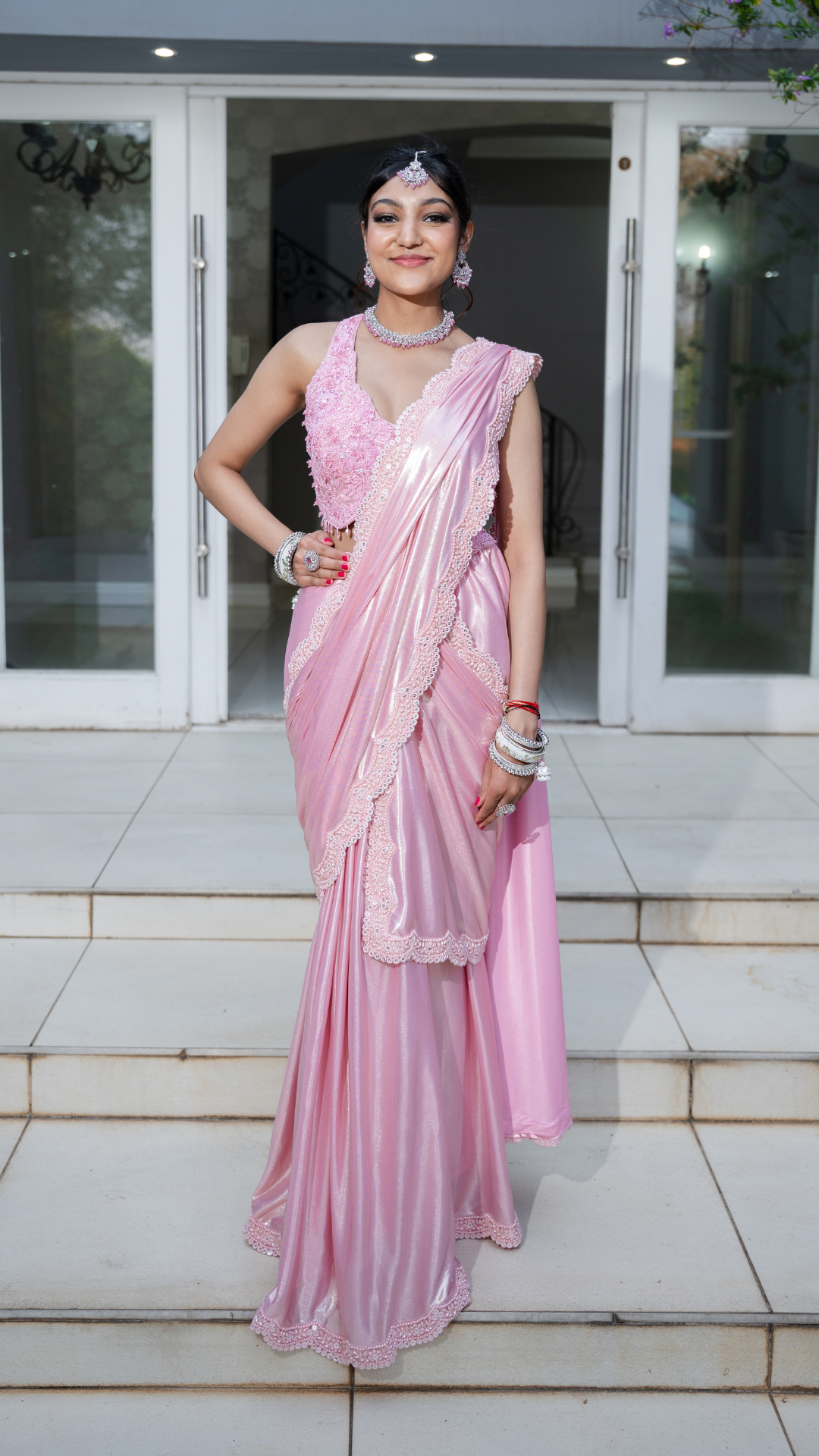 Shimmer Pink Draped Sari Set