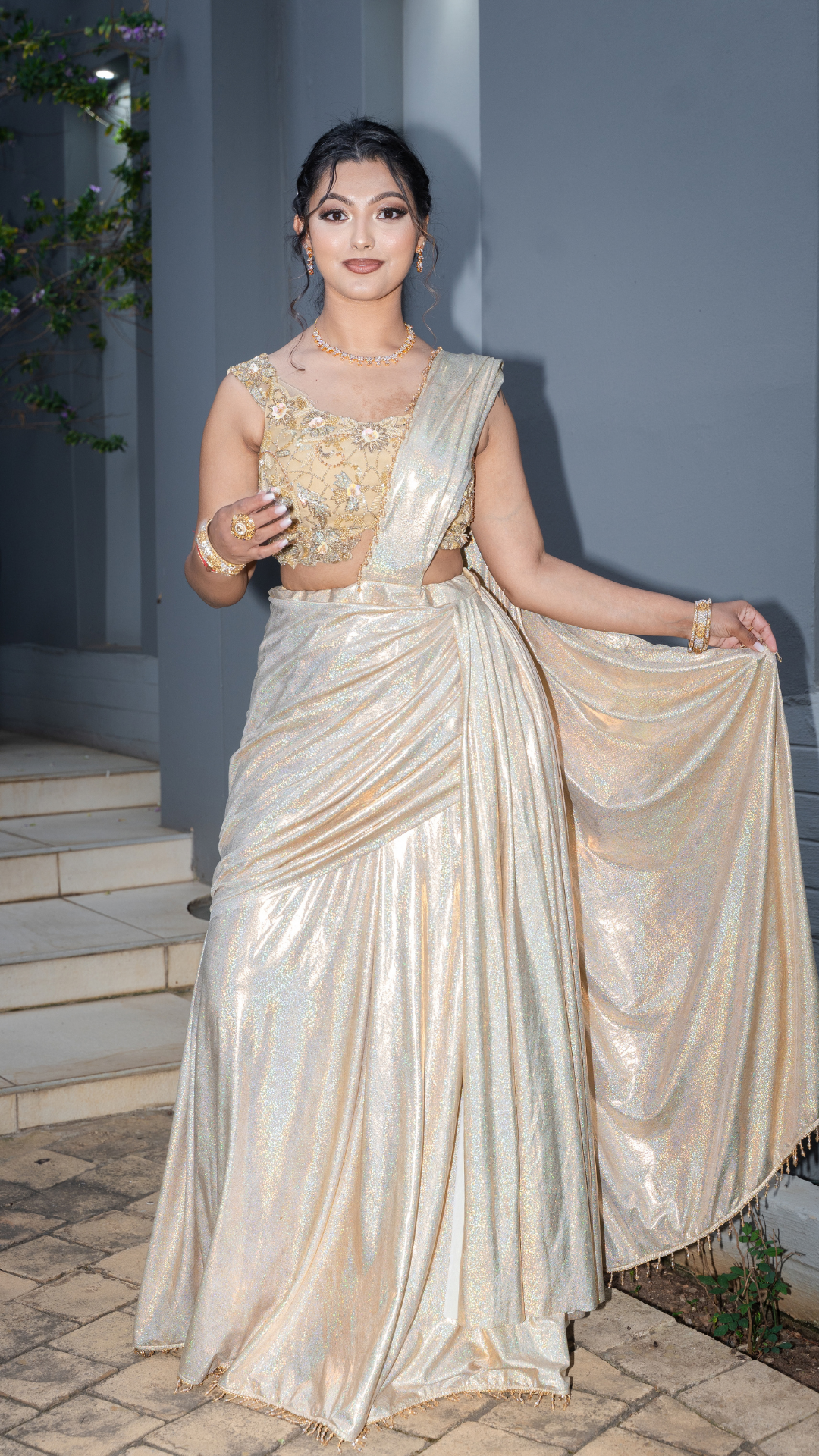 Gold Shimmer Draped Sari Set