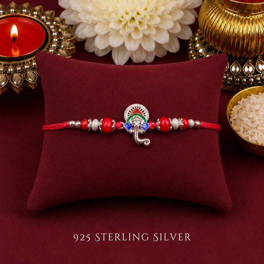 Red Colourful Ganesh 925 Sterling Silver Rakhi
