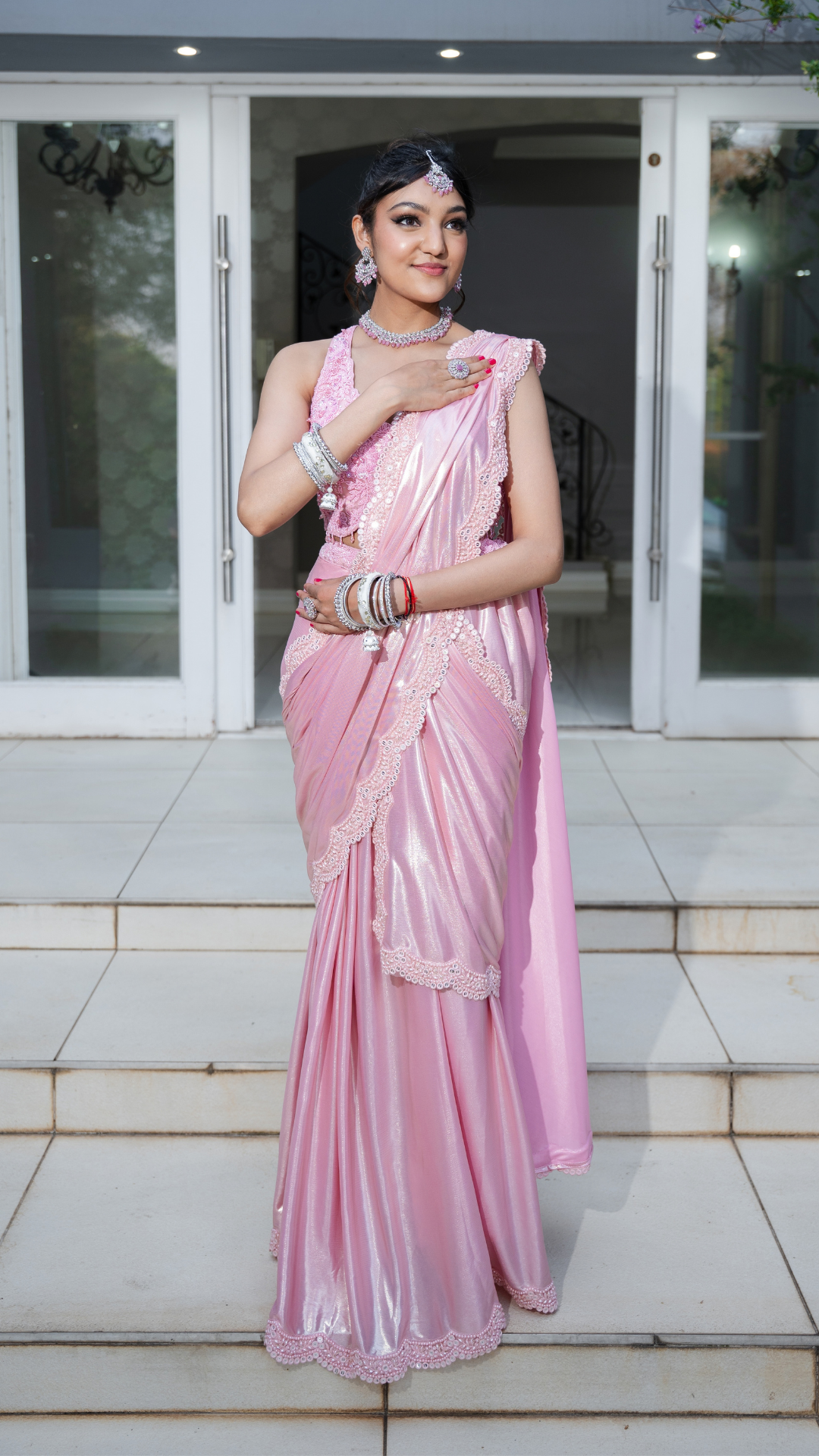 Shimmer Pink Draped Sari Set