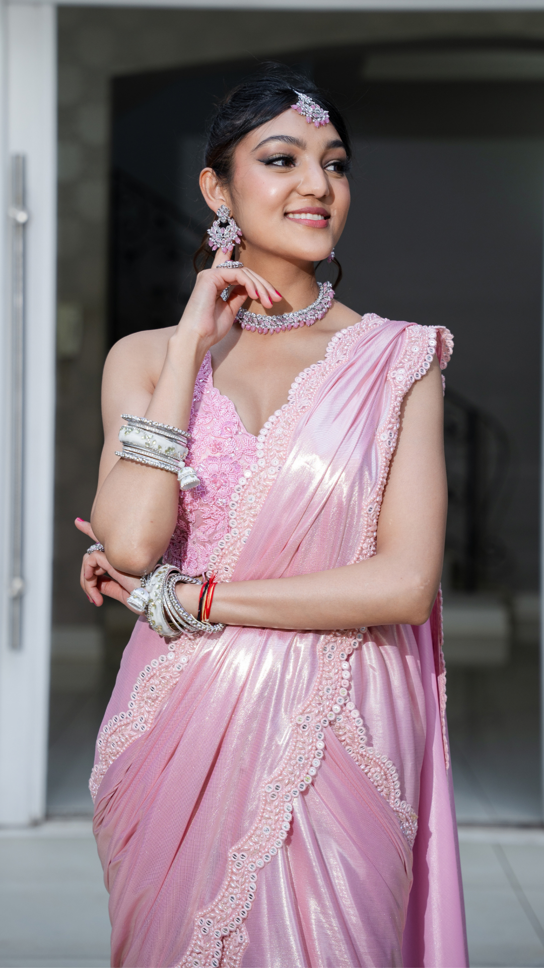 Shimmer Pink Draped Sari Set