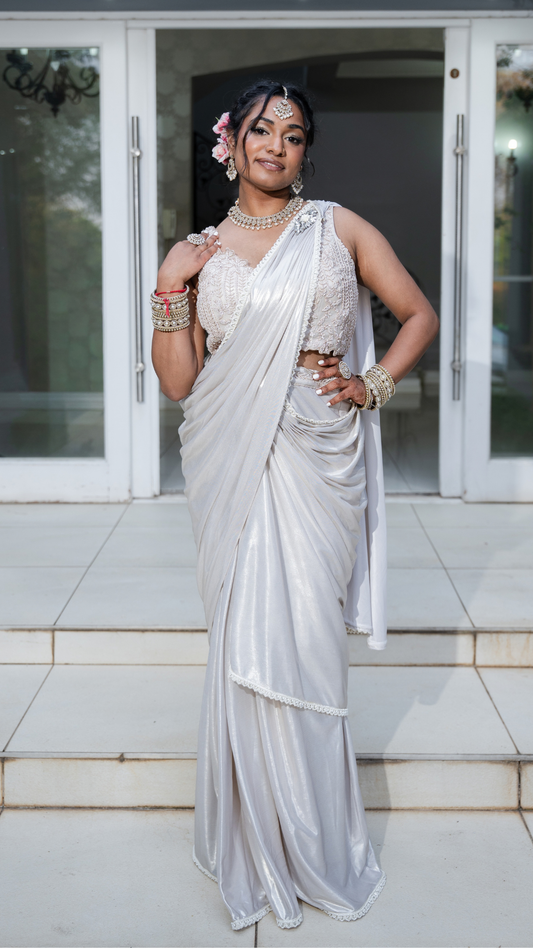 Shimmer Silver White Draped Sari Set