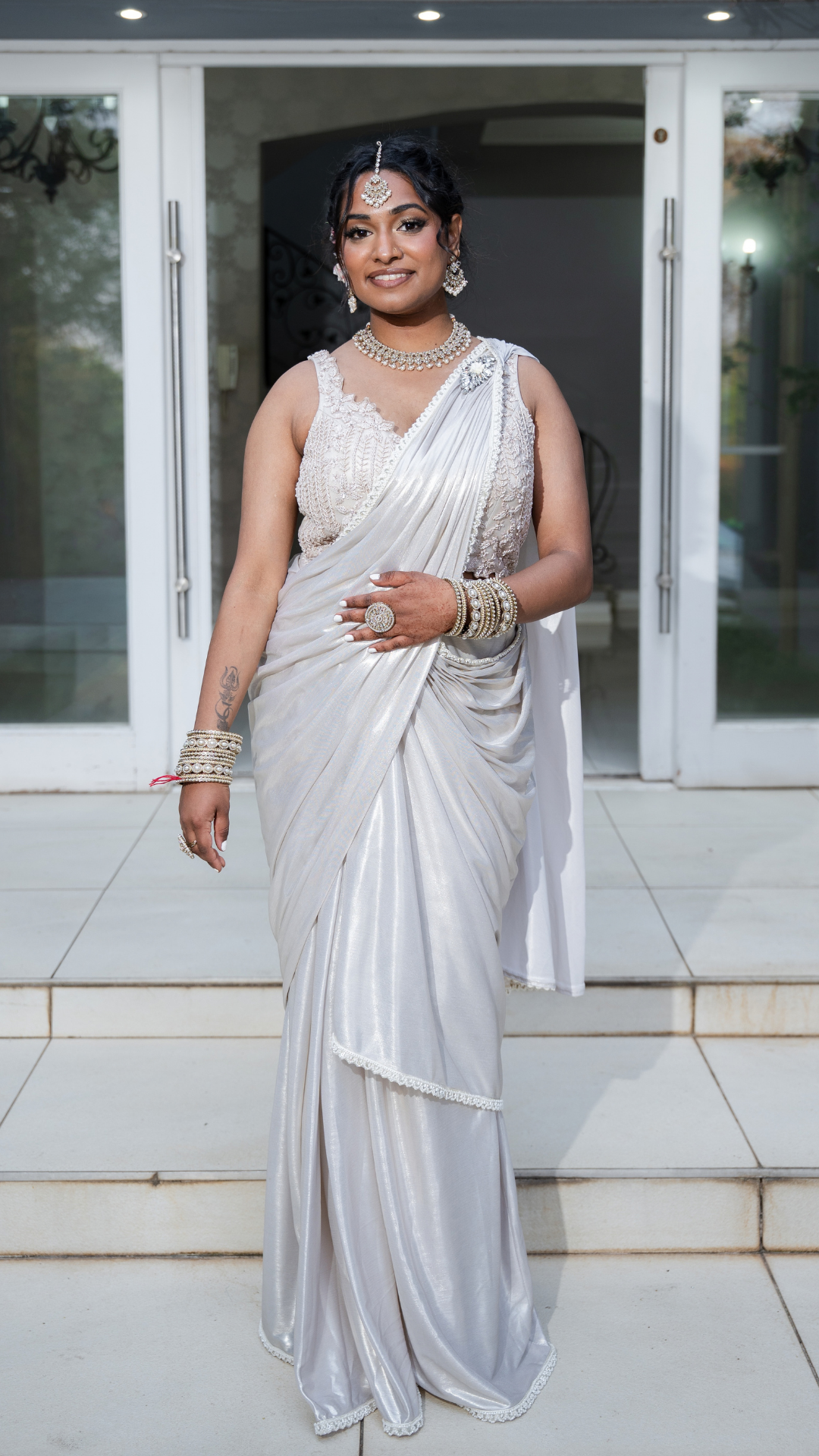 Shimmer Silver White Draped Sari Set