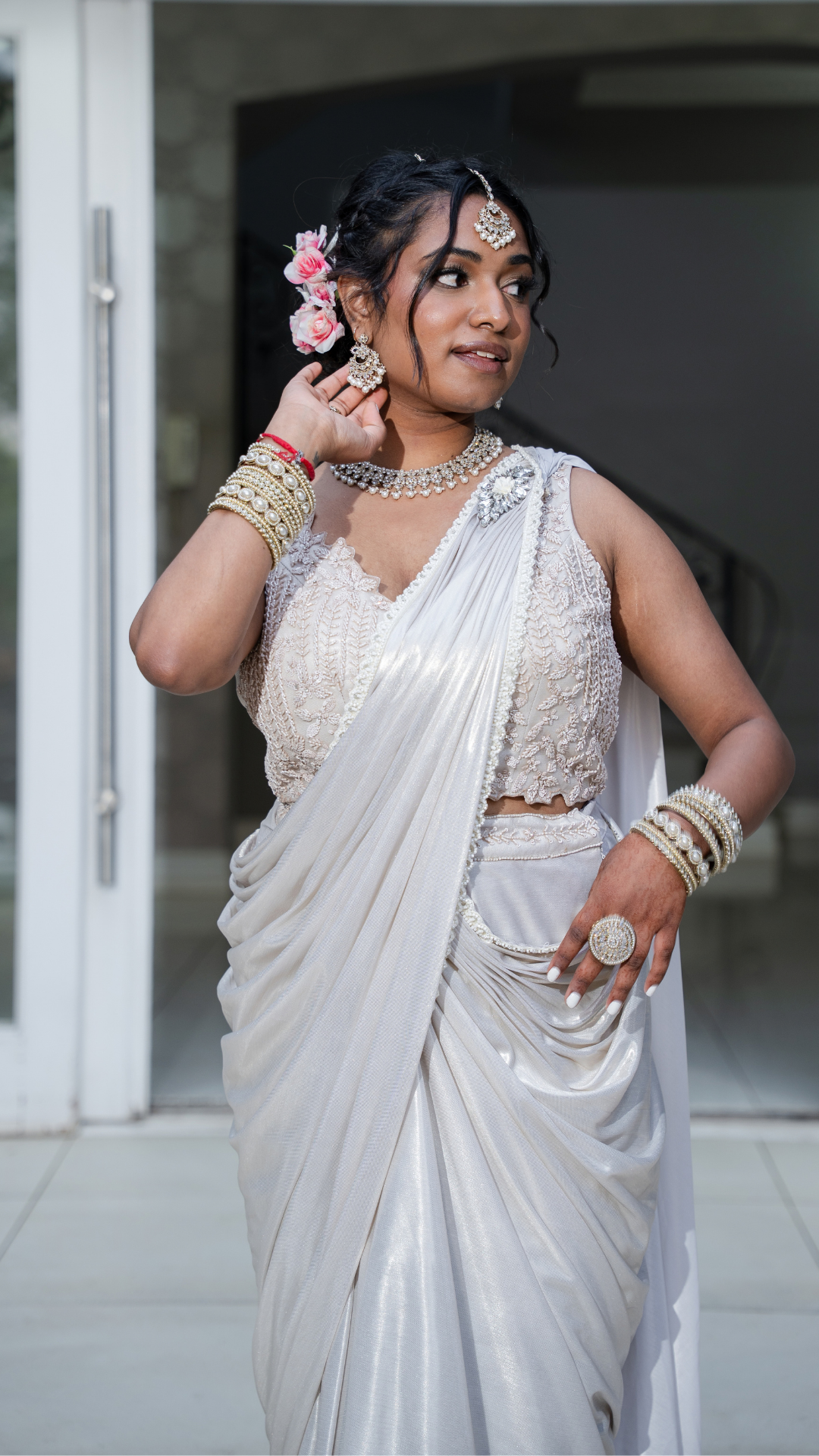Shimmer Silver White Draped Sari Set