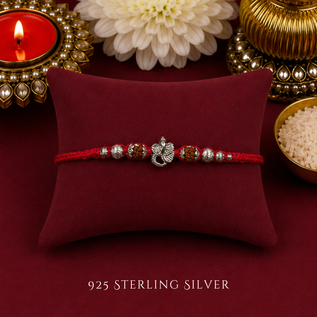 Mini Knotted Ganesha with Rudraksh Sterling Silver Designer Rakhi