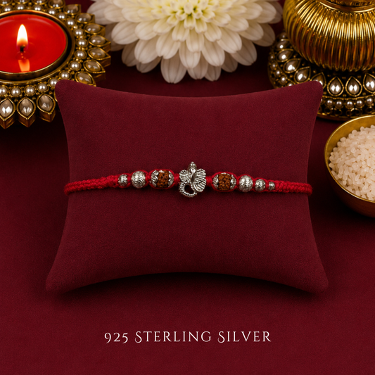 Mini Knotted Ganesha with Rudraksh Sterling Silver Designer Rakhi