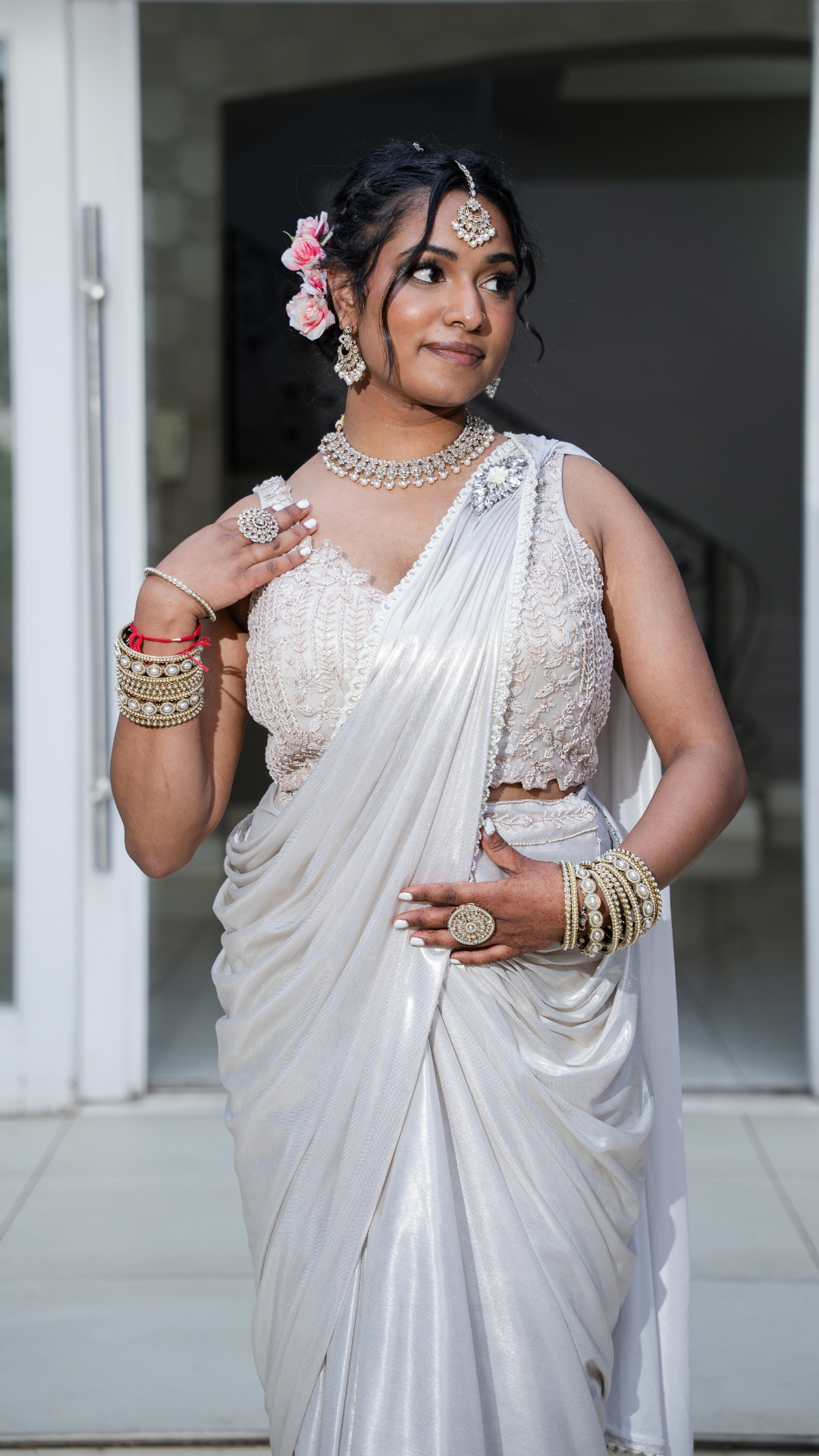 Shimmer Silver White Draped Sari Set