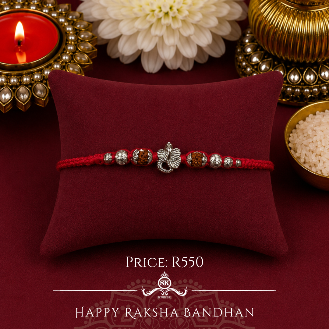 Mini Knotted Ganesha with Rudraksh Sterling Silver Designer Rakhi