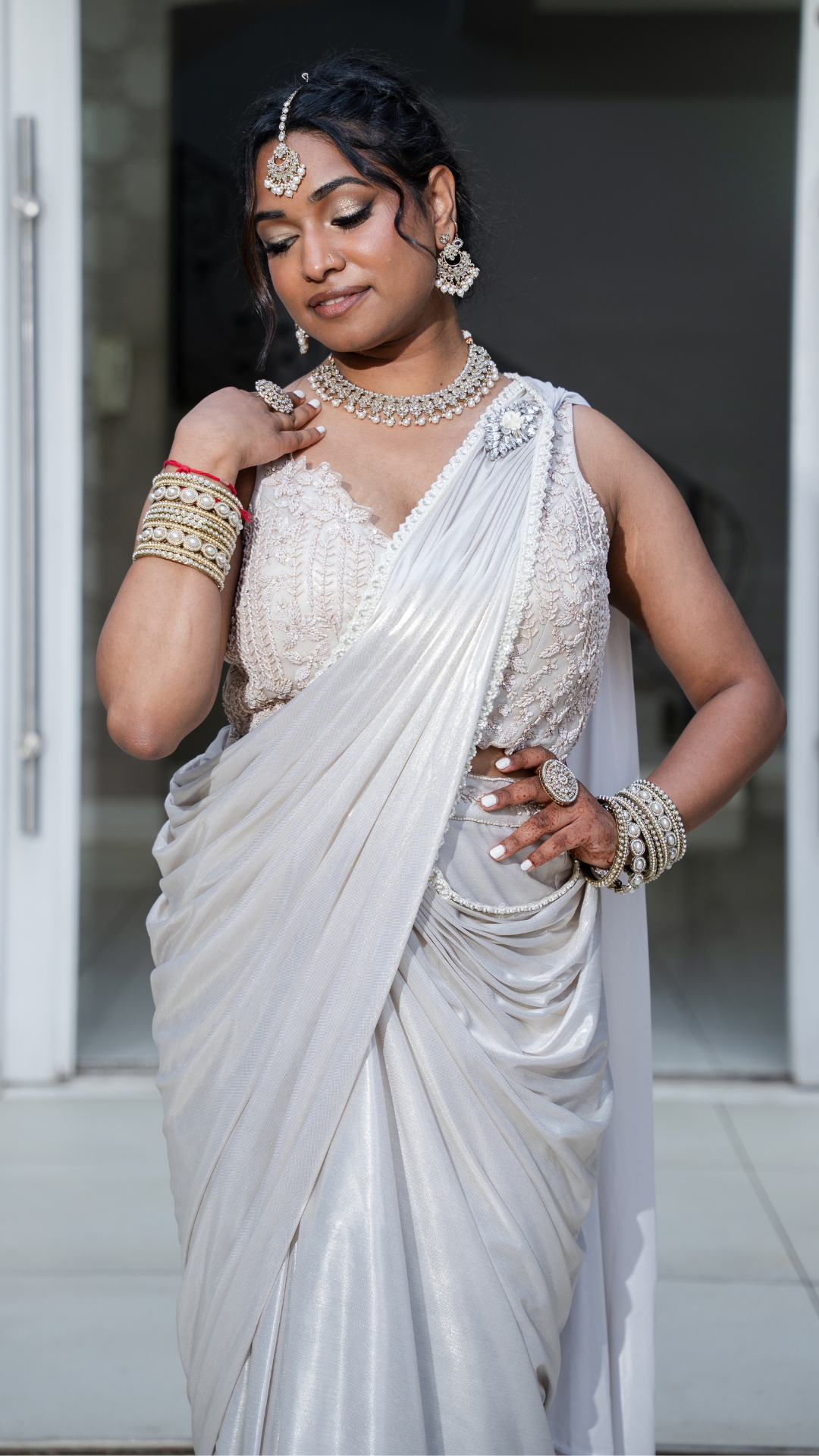 Shimmer Silver White Draped Sari Set