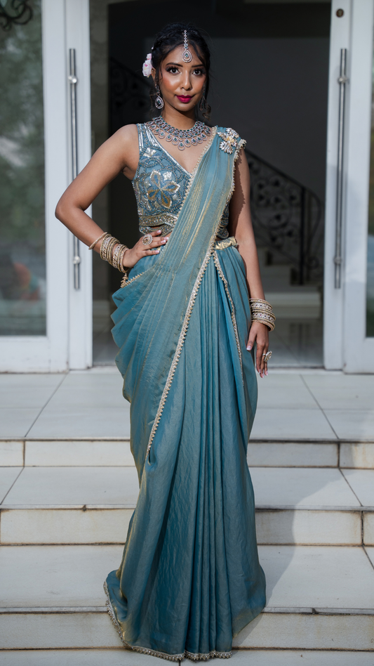 Shimmer Turquoise Blue Draped Sari Set