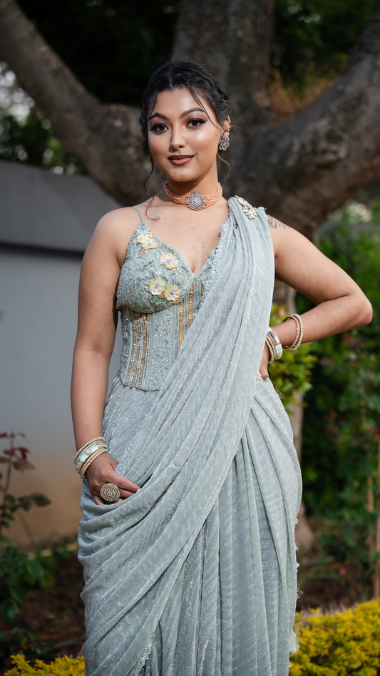 Shimmer Mint Green Draped Sari Set