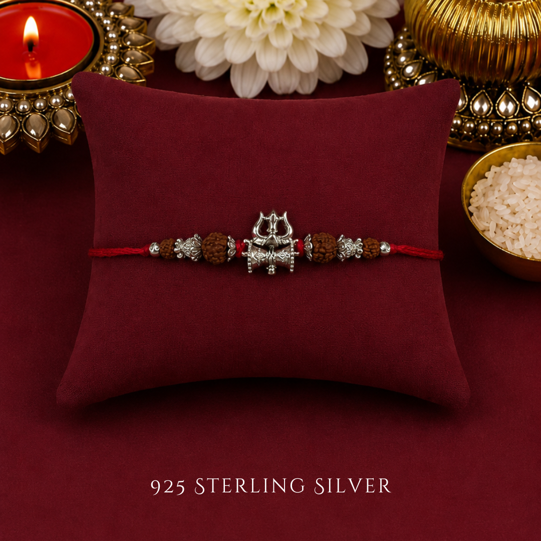 Mini Trishul with Rudraksh Sterling Silver Designer Rakhi