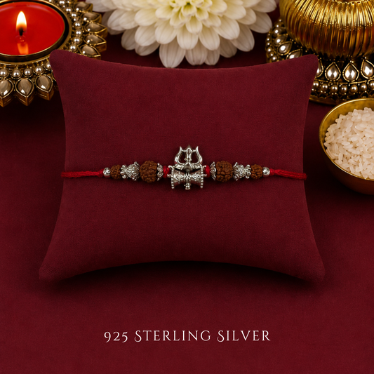 Mini Trishul with Rudraksh Sterling Silver Designer Rakhi