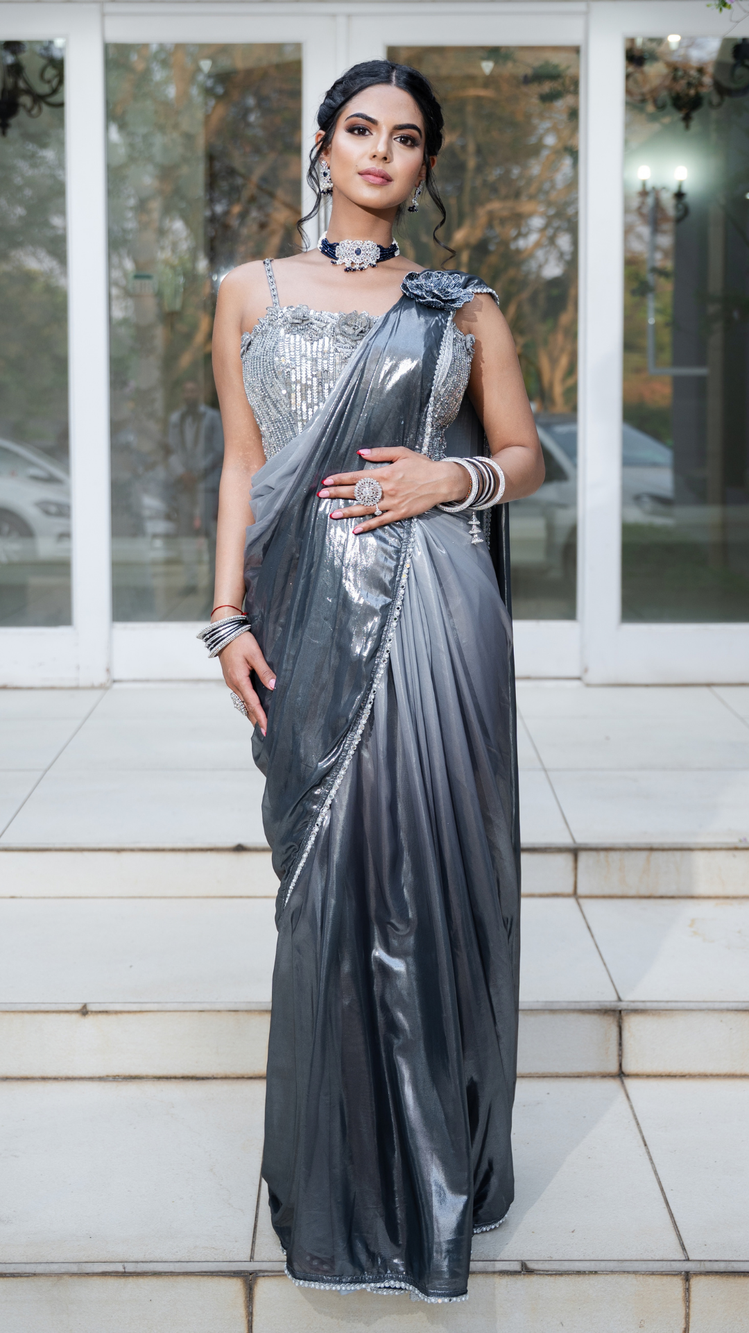 Shimmer Metallic Ombre Grey Draped Sari Set