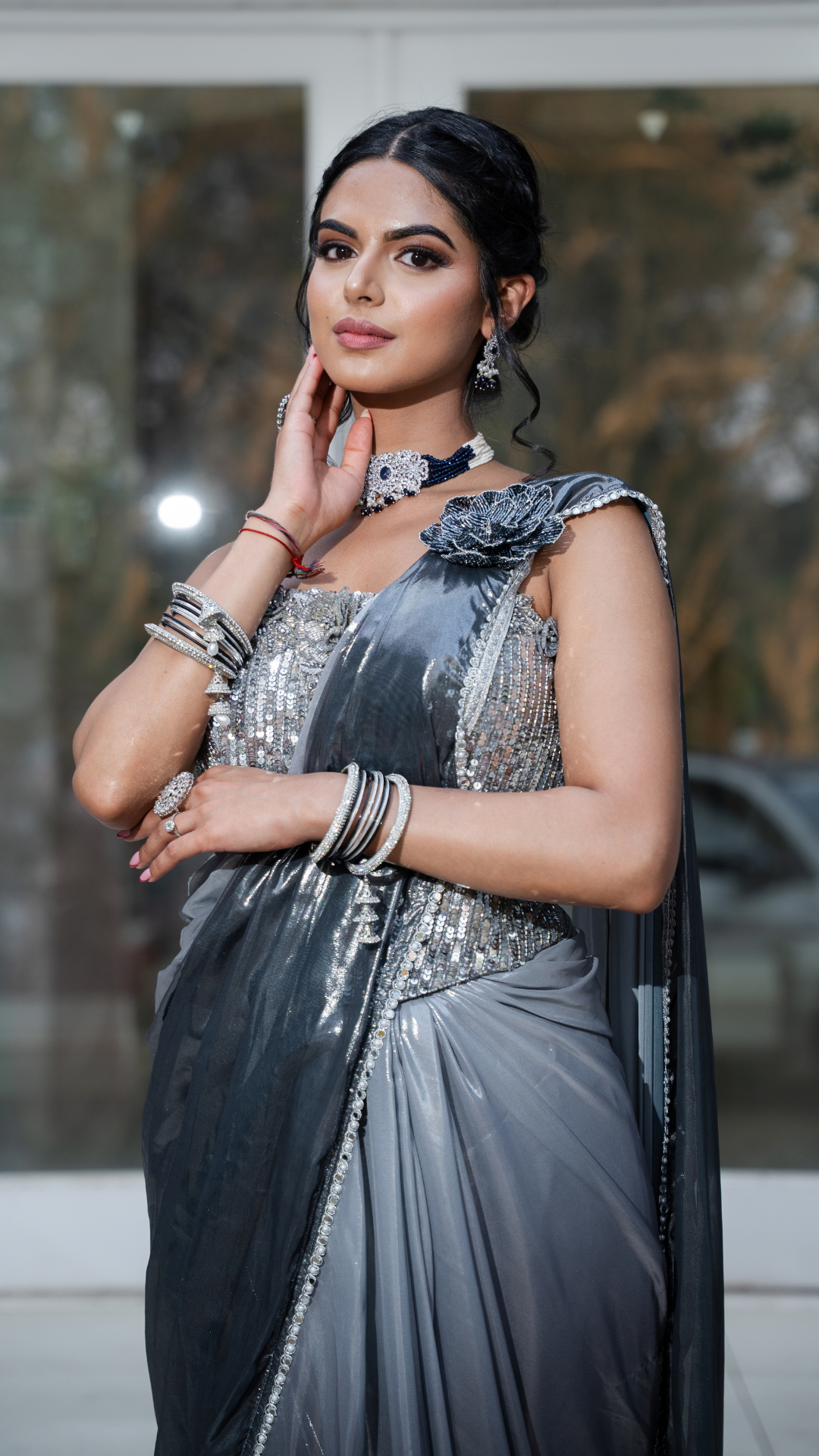 Shimmer Metallic Ombre Grey Draped Sari Set
