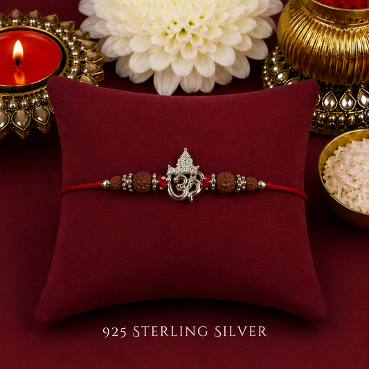 Mini Aum with Rudraksh Sterling Silver Designer Rakhi