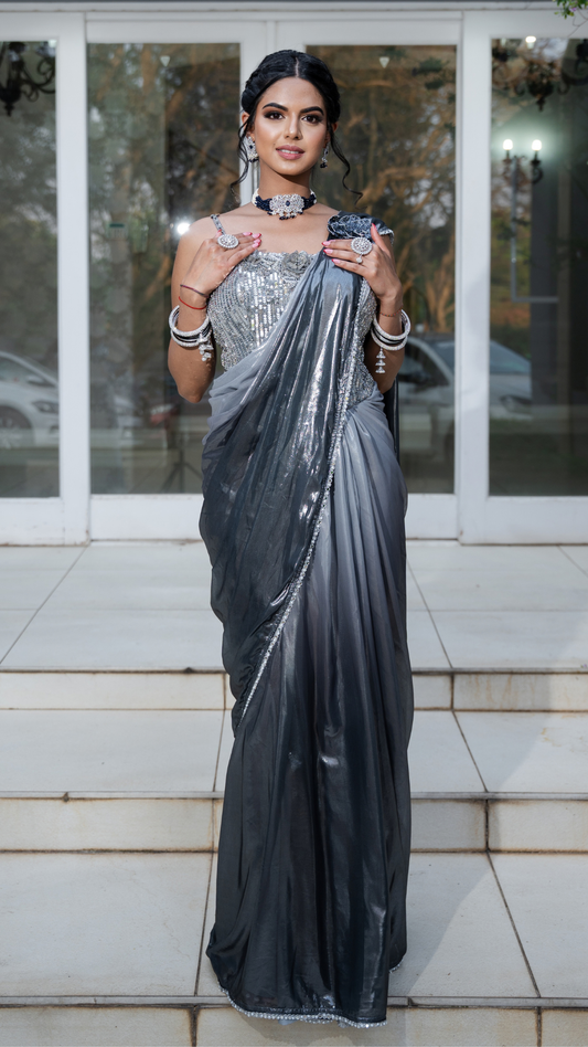 Shimmer Metallic Ombre Grey Draped Sari Set
