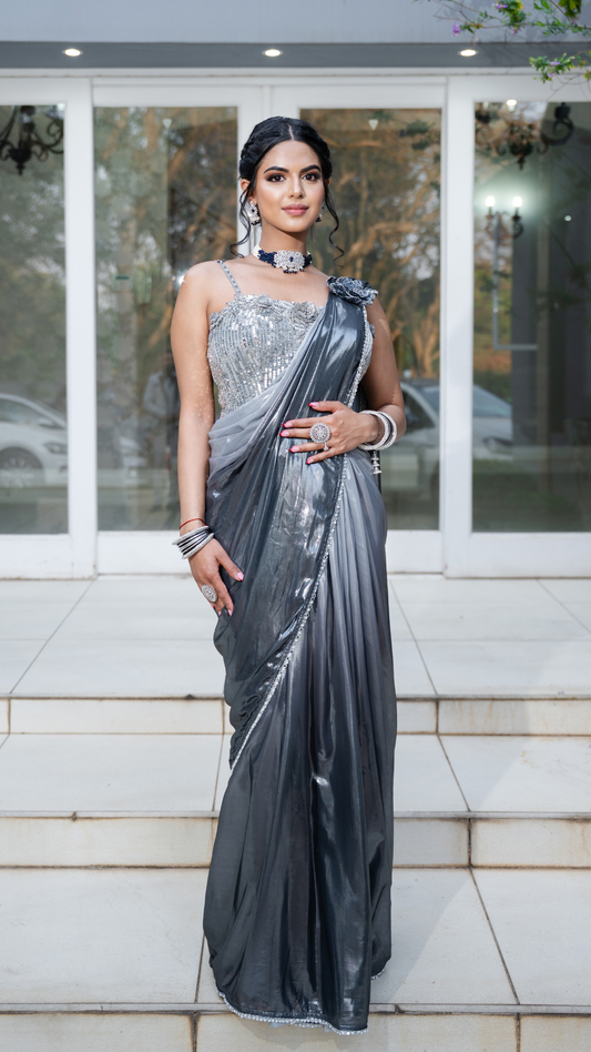 Shimmer Metallic Ombre Grey Draped Sari Set