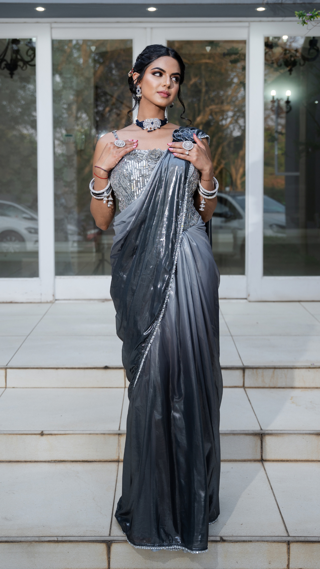 Shimmer Metallic Ombre Grey Draped Sari Set
