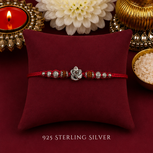 Mini Ganesha with Rudraksh Sterling Silver Designer Rakhi