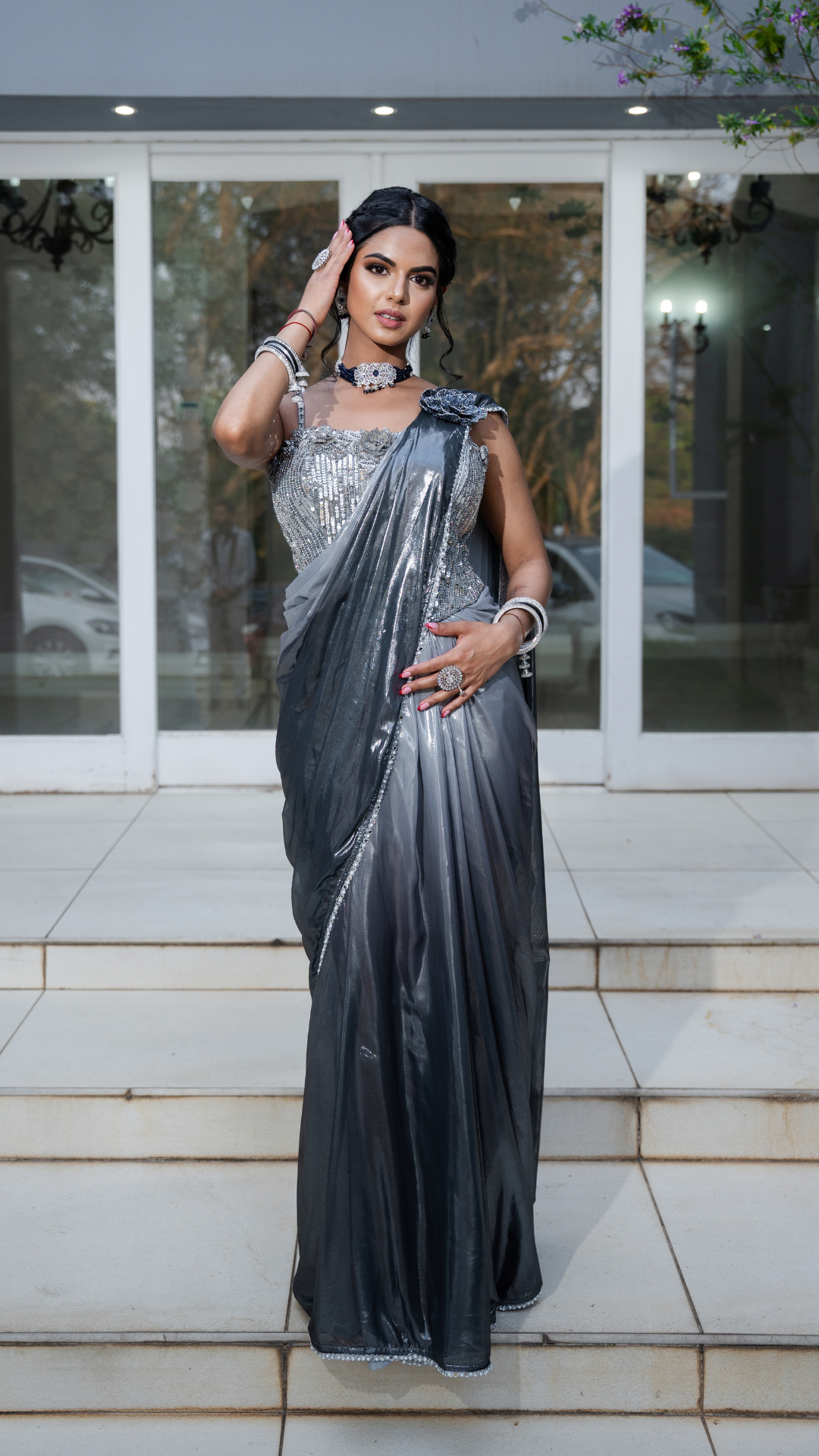 Shimmer Metallic Ombre Grey Draped Sari Set