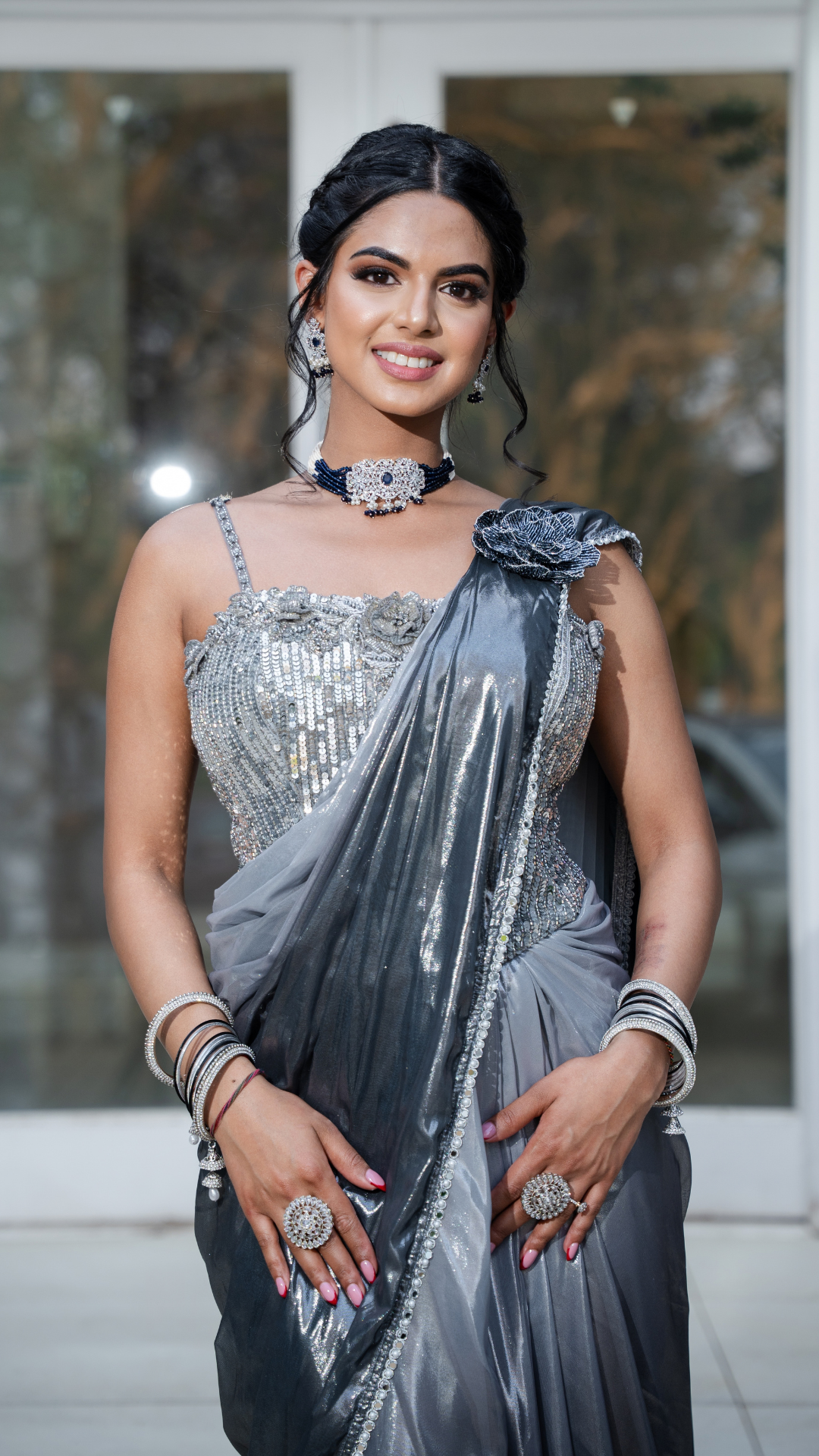 Shimmer Metallic Ombre Grey Draped Sari Set