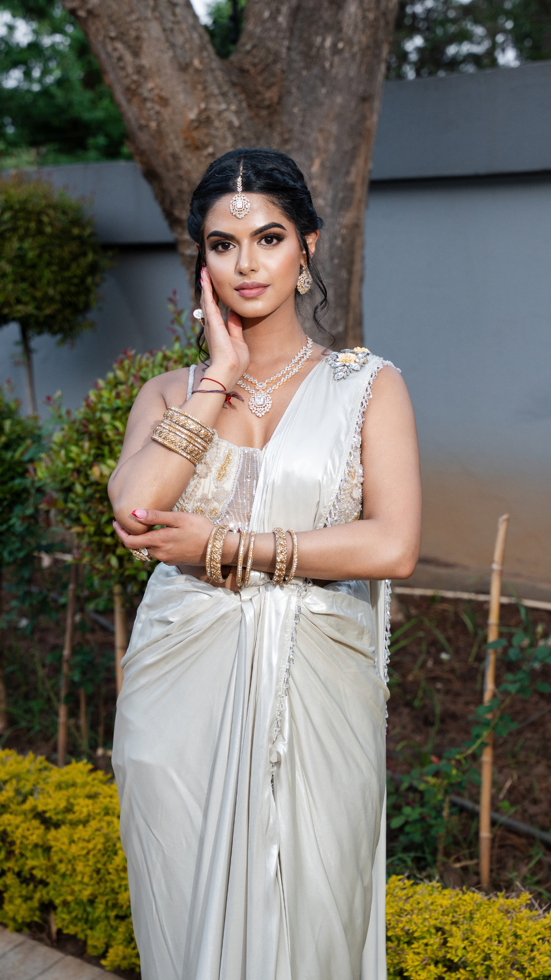 Shimmer Cream Slit Draped Sari Set