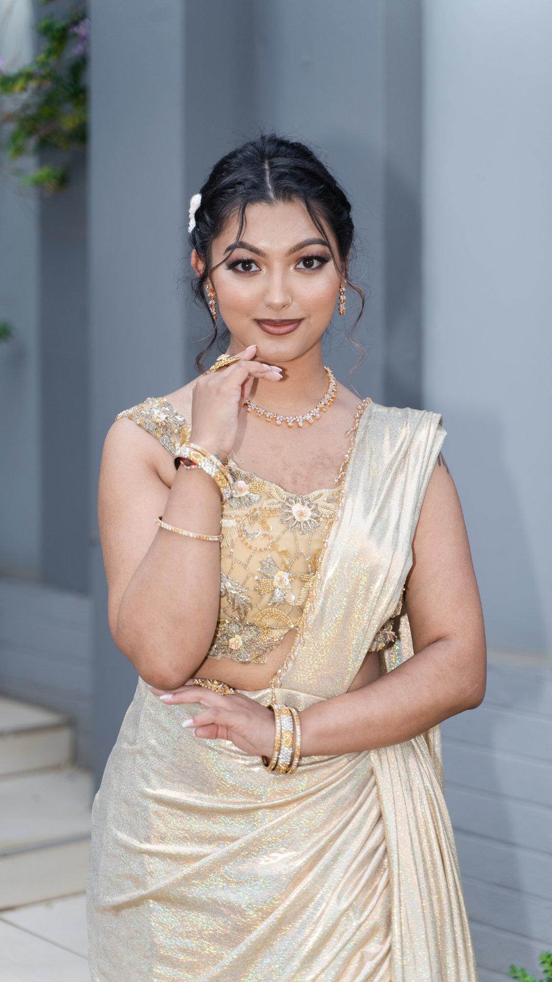 Gold Shimmer Draped Sari Set