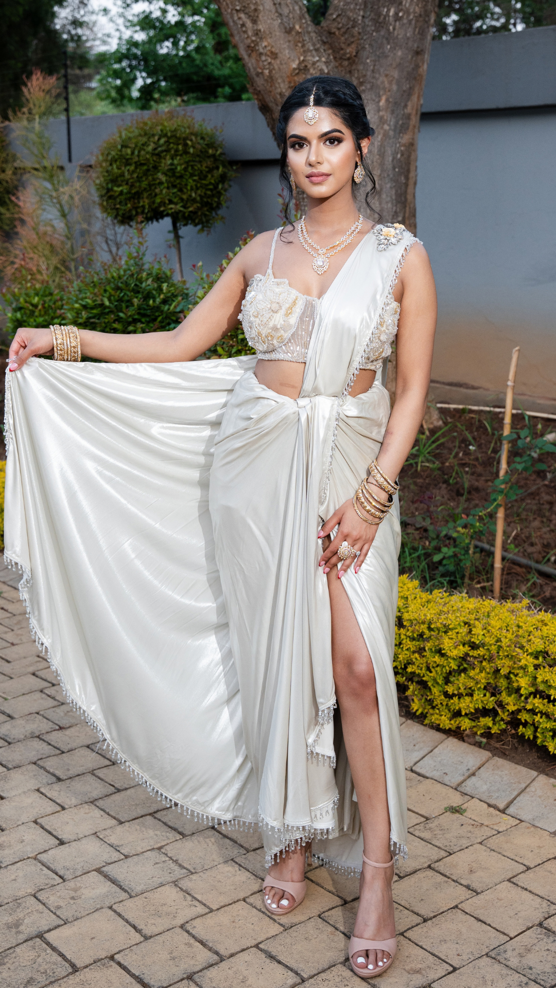 Shimmer Cream Slit Draped Sari Set
