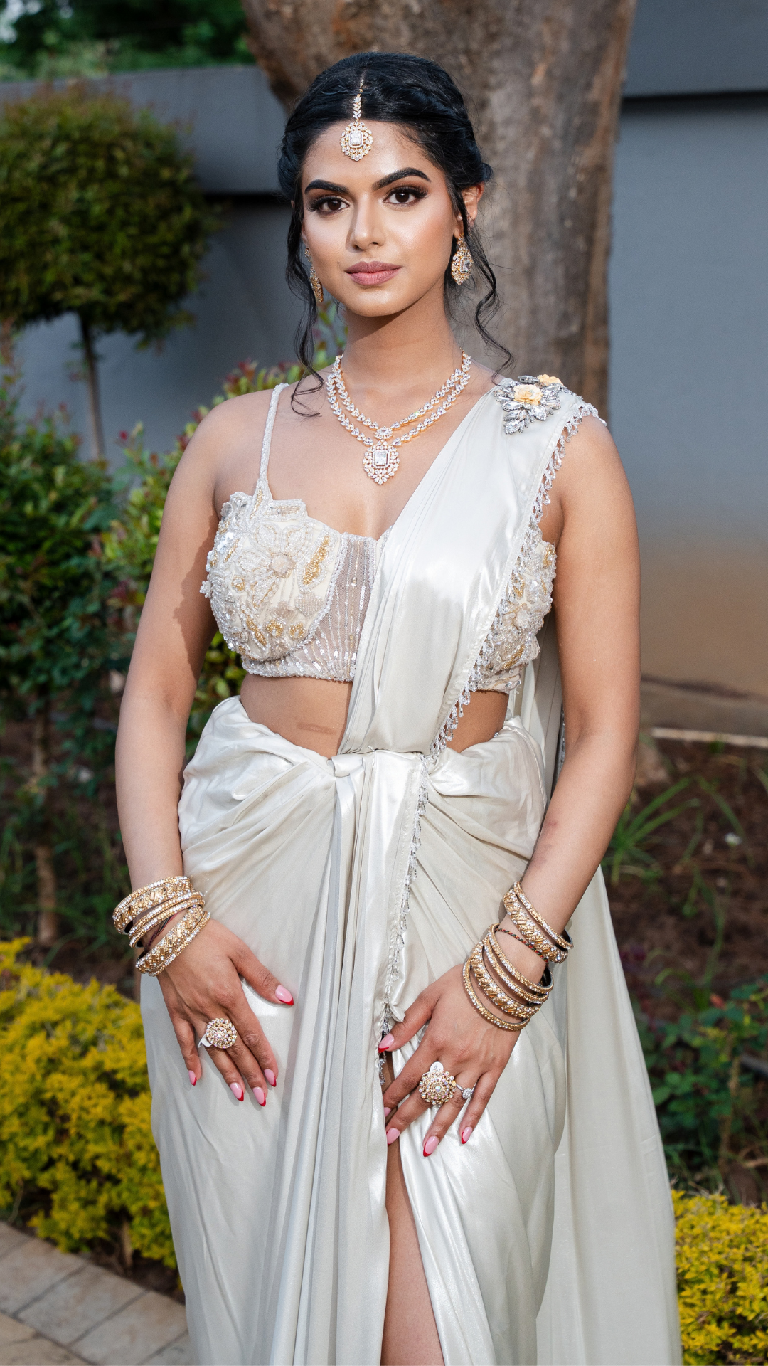 Shimmer Cream Slit Draped Sari Set