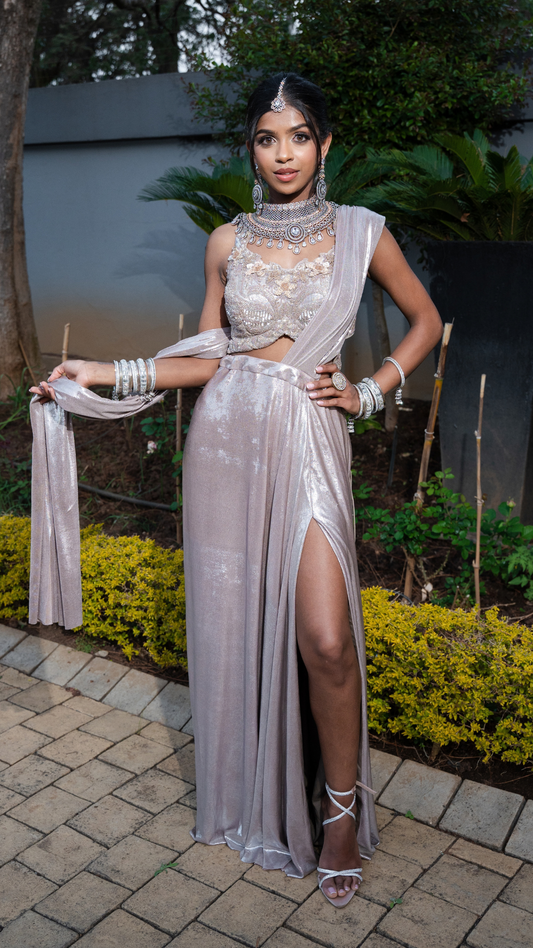 Shimmer Dusty Pink Slit Draped Sari Set