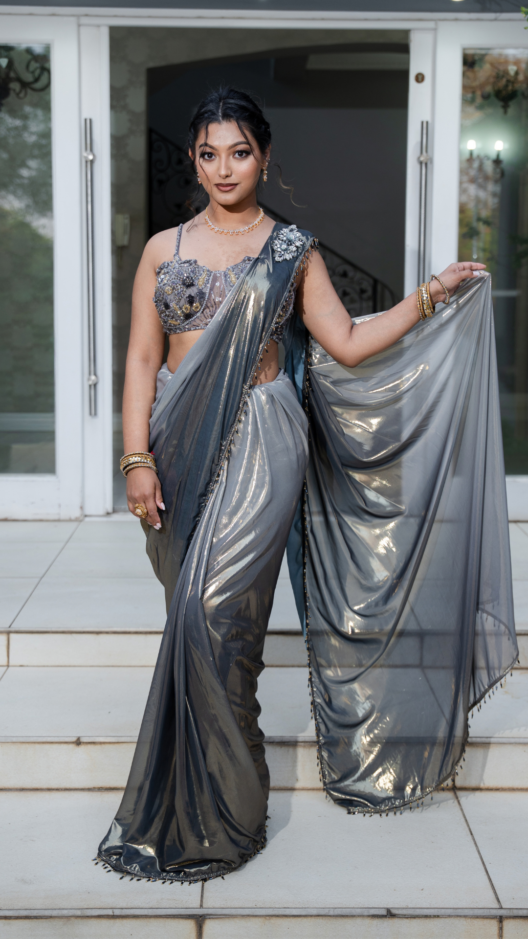 Shimmer Metallic Ombre Grey Draped Sari Set