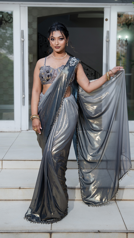 Shimmer Metallic Ombre Grey Draped Sari Set