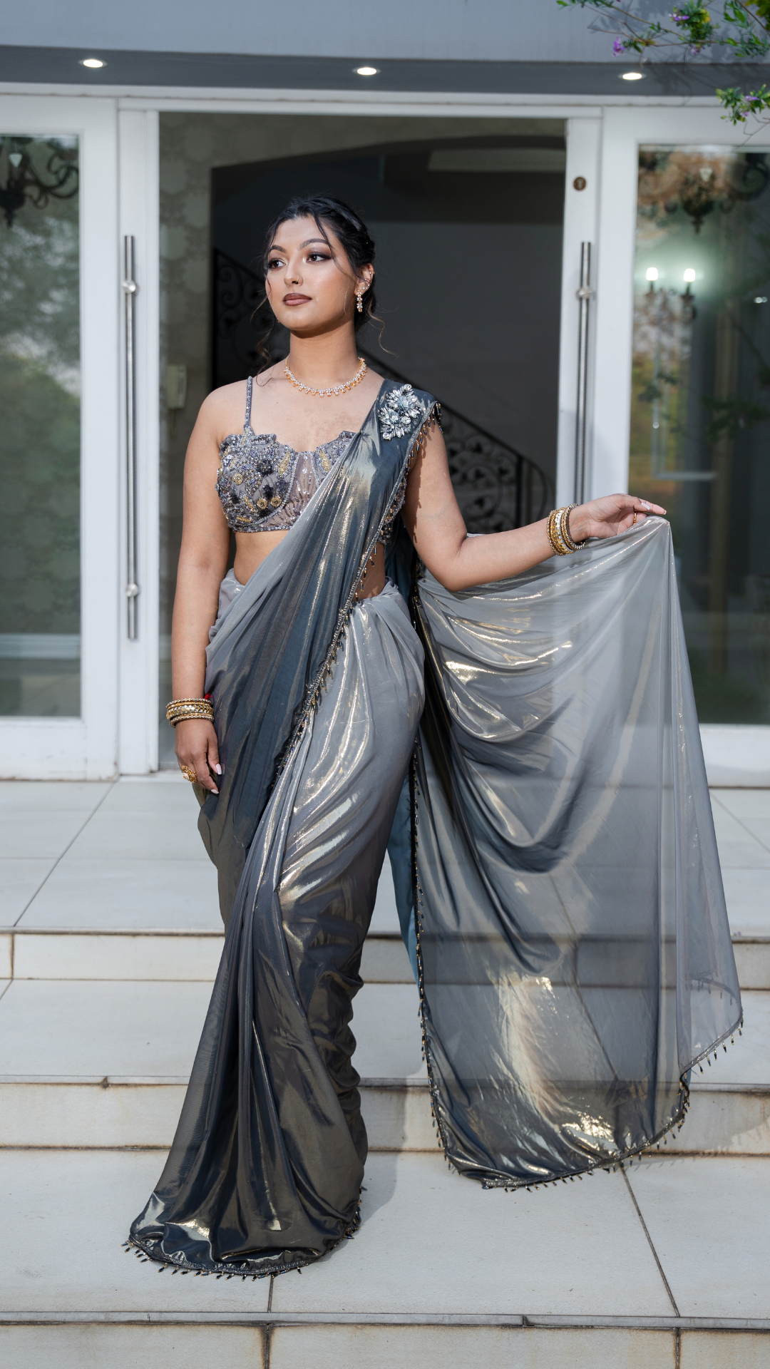Shimmer Metallic Ombre Grey Draped Sari Set