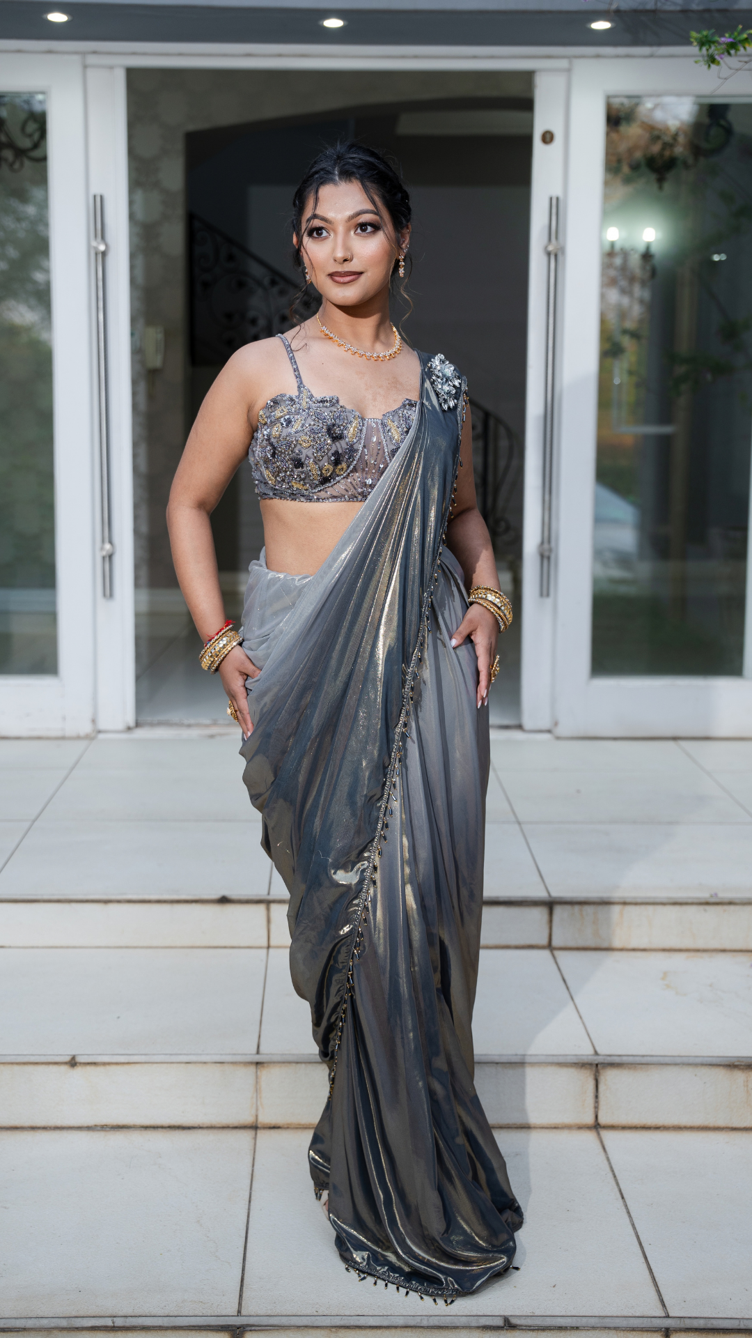 Shimmer Metallic Ombre Grey Draped Sari Set