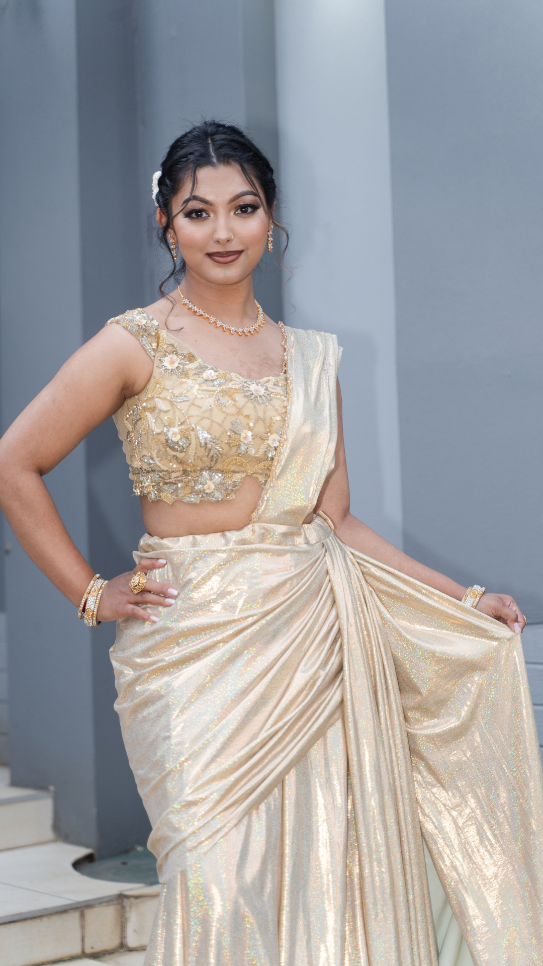 Gold Shimmer Draped Sari Set