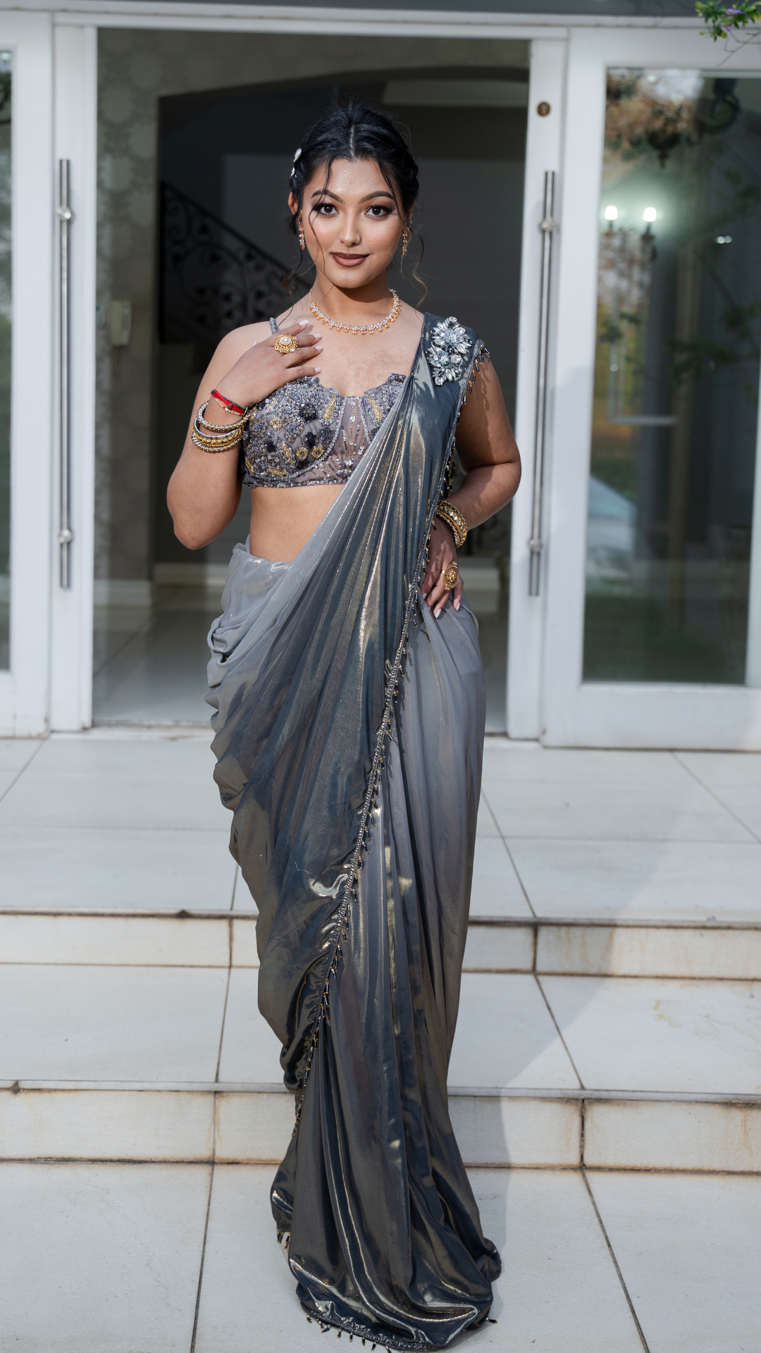 Shimmer Metallic Ombre Grey Draped Sari Set