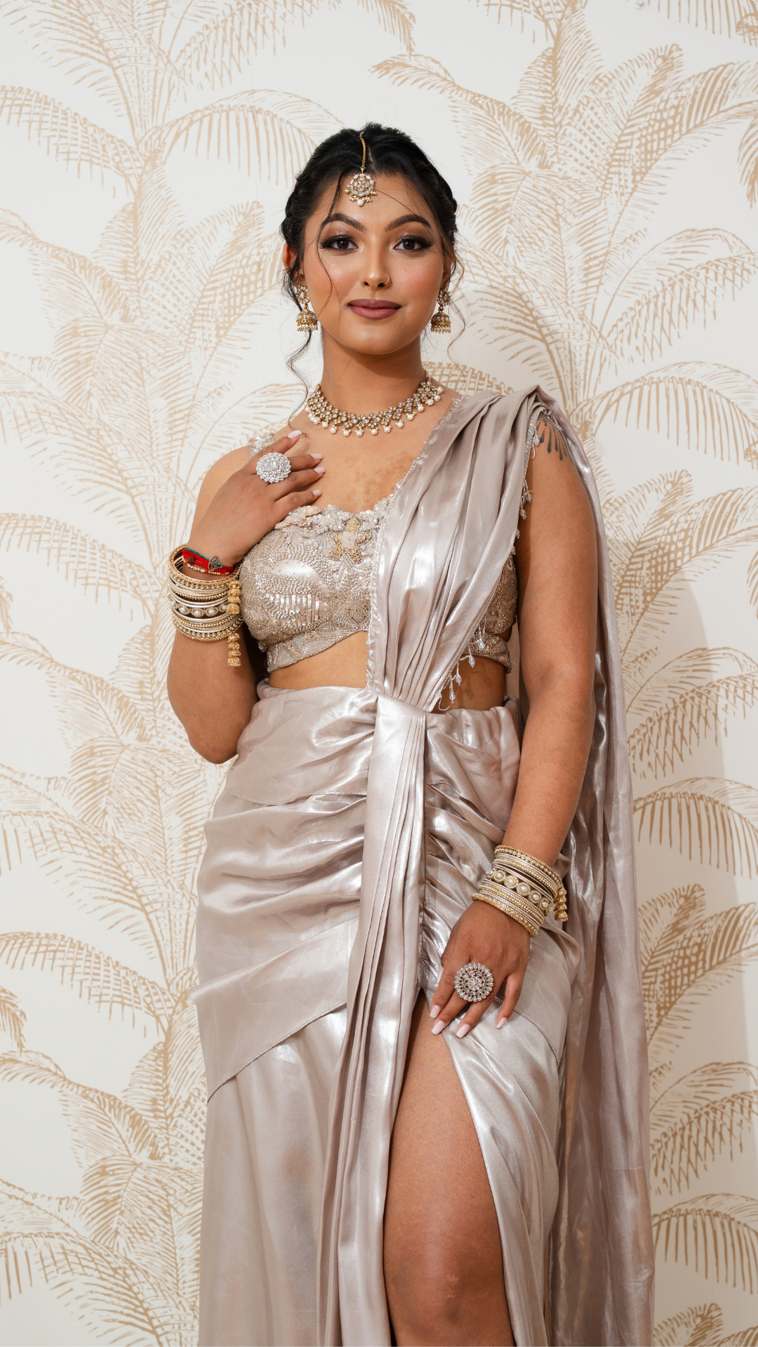 Shimmer Slit Draped Sari Set
