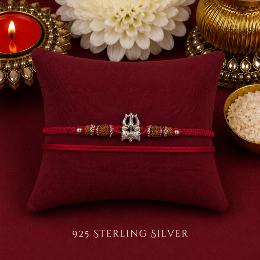 Knotted Mini Trishul with Rudraksh 925 Sterling Silver Designer Laxmi String