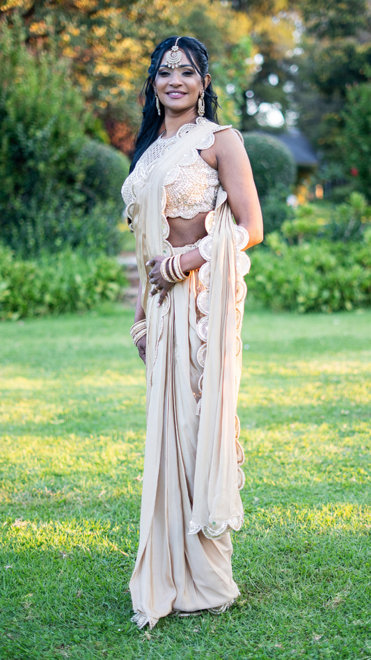 Cream Halter Draped Sari