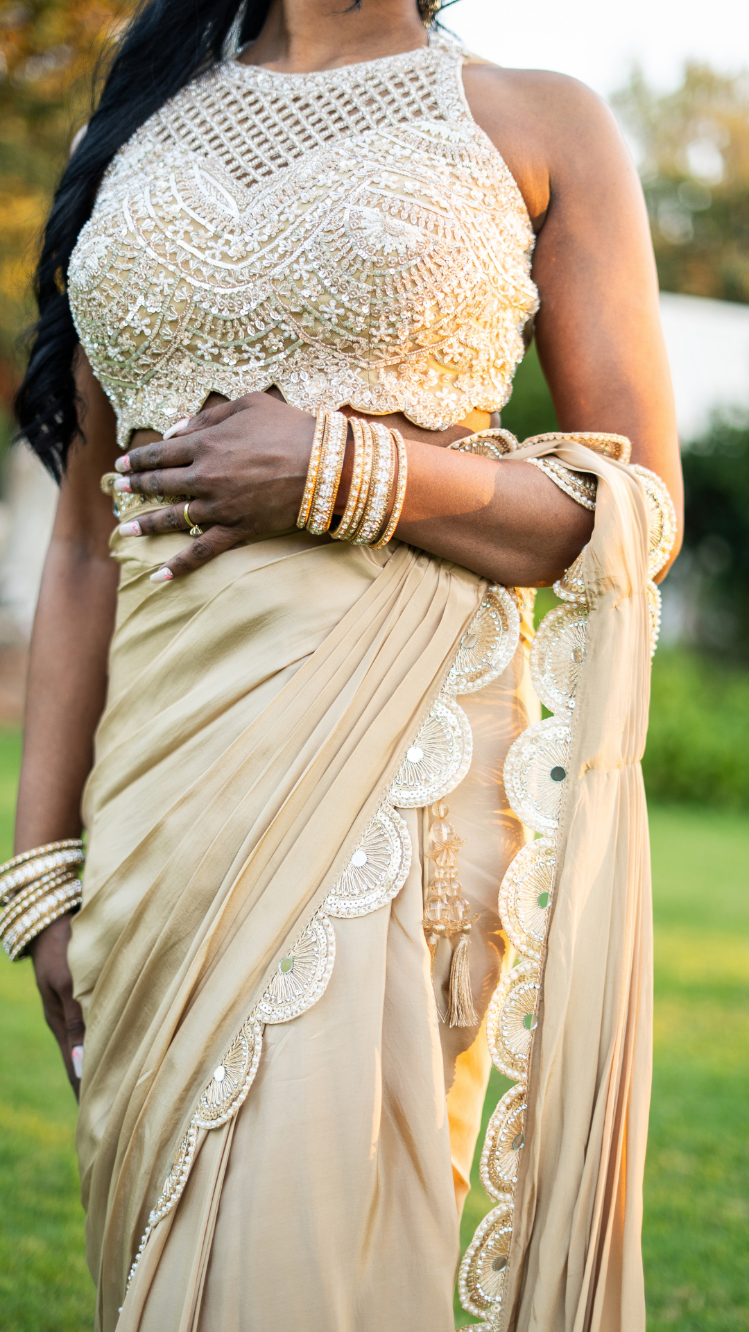 Cream Halter Draped Sari