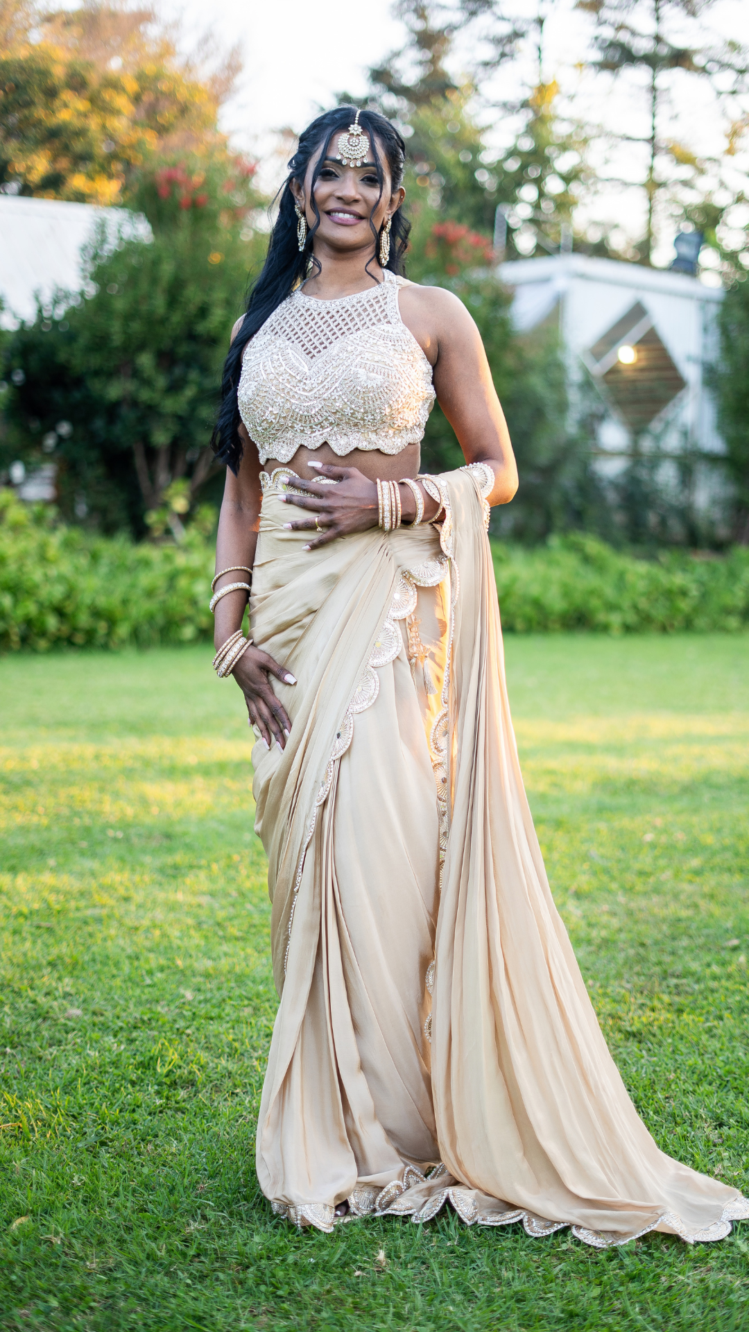 Cream Halter Draped Sari