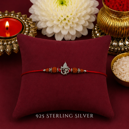 Mini Aum with Rudraksh Sterling Silver Designer Rakhi