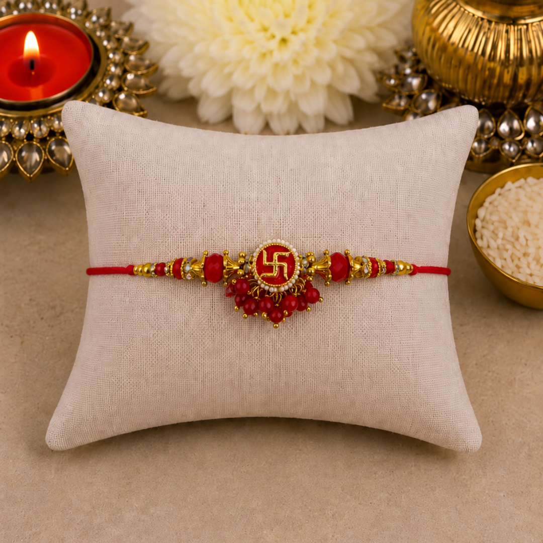 Red Jhumki Swastika Designer Rakhi