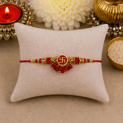 Red Jhumki Swastika Designer Rakhi