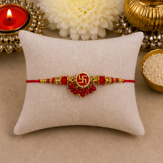 Red Jhumki Swastika Designer Rakhi