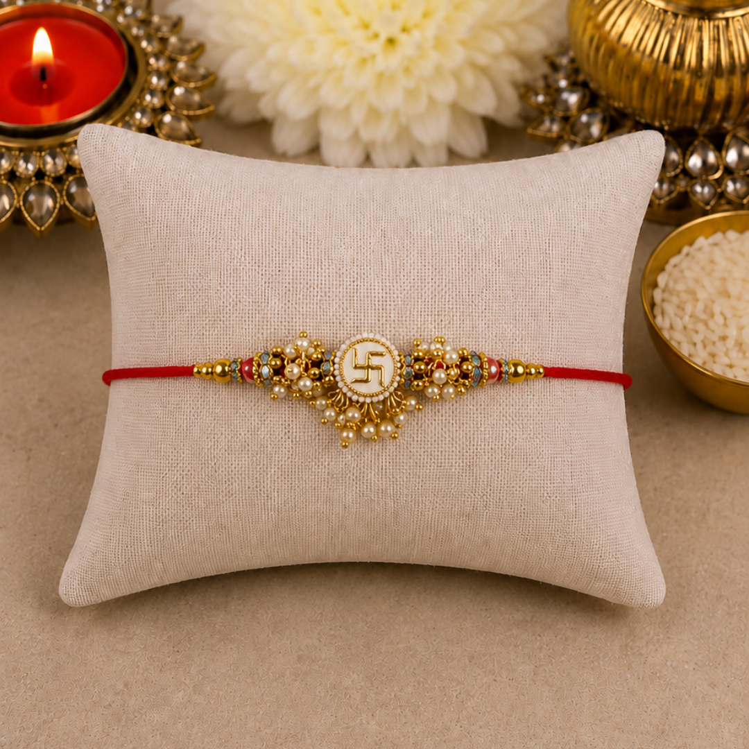 Pearl Swastika Jhumiki Designer Rakhi
