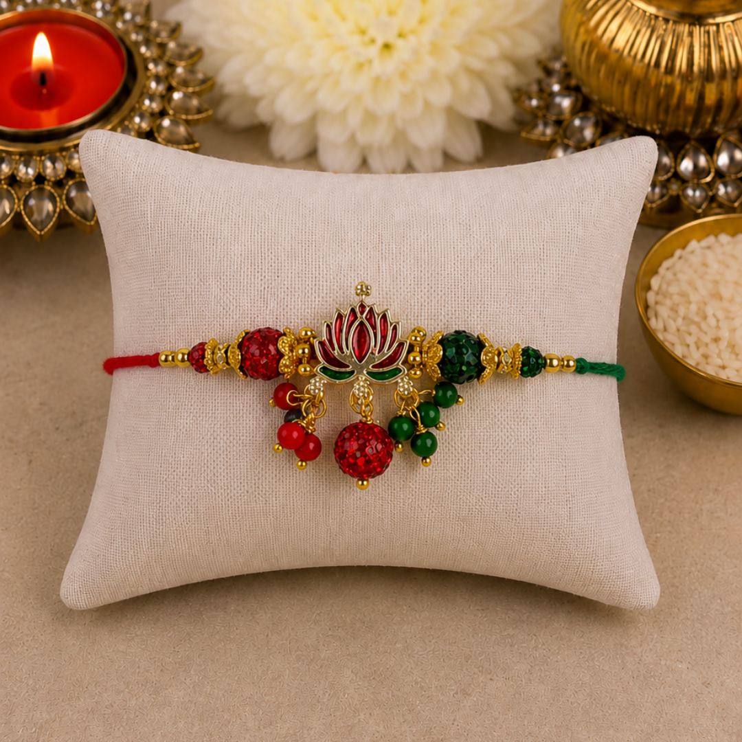 Red & Green Lotus Flower Jumkhi Rakhi