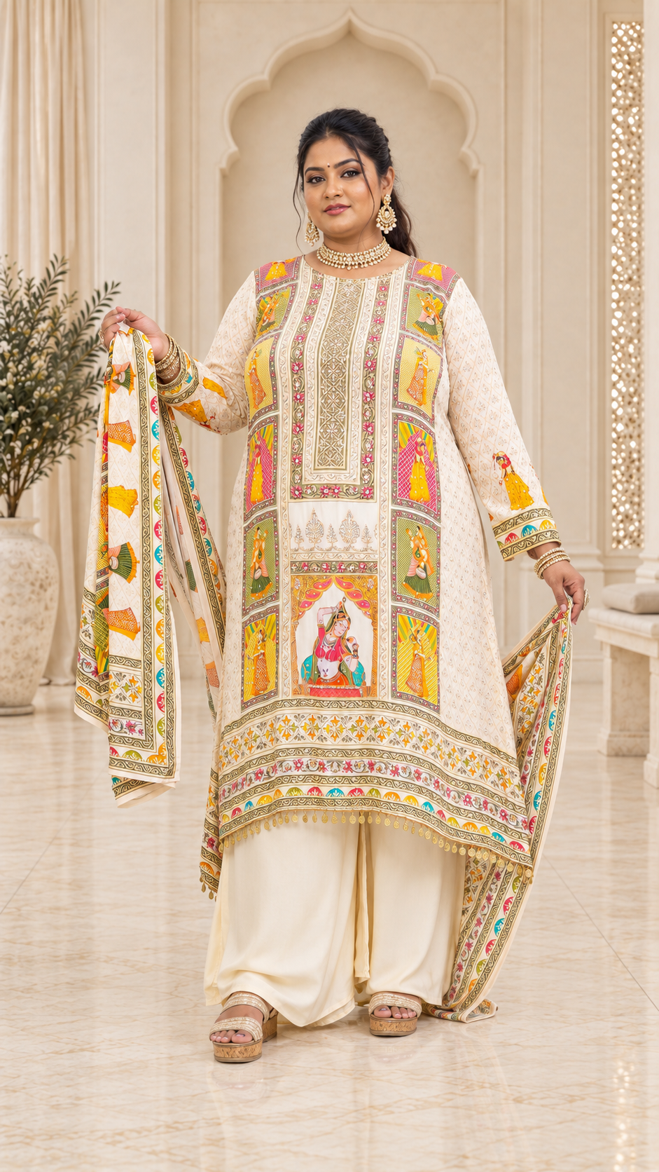 Cream Chinon Silk Punjabi Set